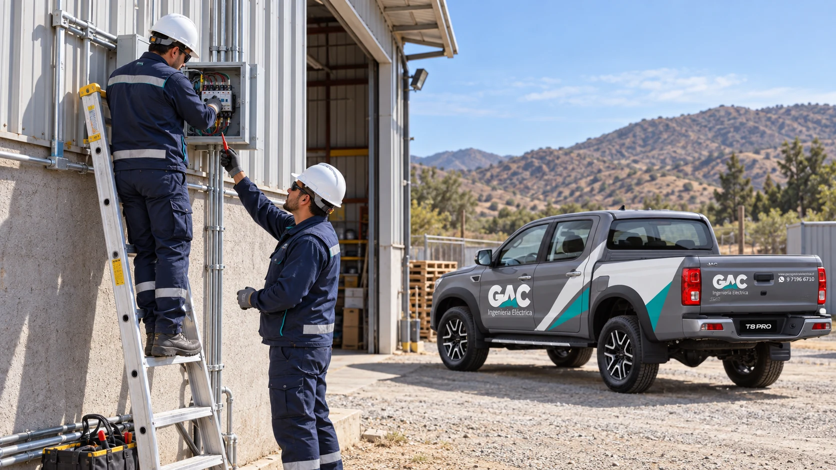 Imagen referencial de dos técnicos realizando una instalación eléctrica junto a una camioneta GAC